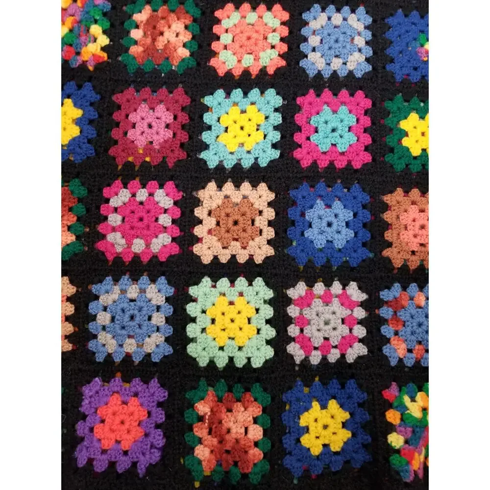 Granny Square Crochet Rectangle Blanket Sofa Throw Black Multicolor